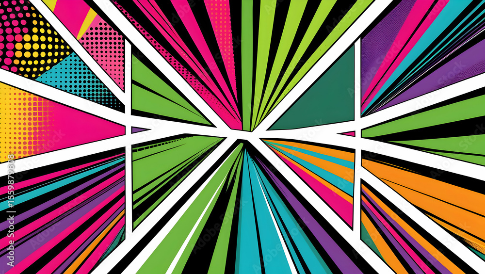 Poster explosion of vibrant colors and geometric patterns radiating outwards creating a dynamic and lively 