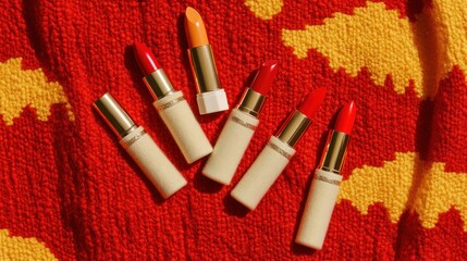 Luxurious Lipstick Collection on a Vibrant Red Knitted Background