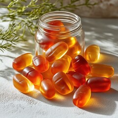 Assorted gummy candies in a glass jar