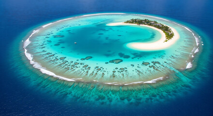 An idyllic tropical atoll, a crescent of white sand beach encircled by a vibrant coral reef, is seen from above