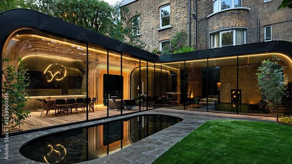 Poster modern, architectural garden structure with pool