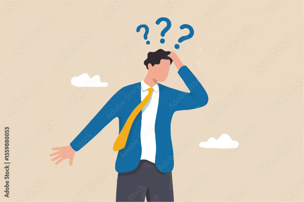 Poster confused businessman with question marks isolated on transparent background