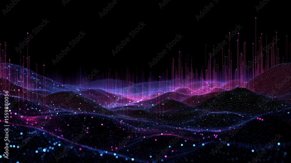 Poster abstract digital landscape of glowing particles and energy streams, creating a futuristic, ethereal 
