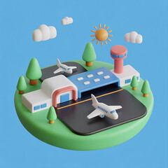 Cute 3D airport scene with planes, runway, control tower, trees, sun, and clouds on a blue background.  AI Generated.