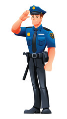 Police officer standing and saluting, showing respect and professionalism in his duties. Vector cartoon character illustration