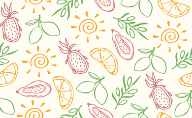 Hand drawn italian food seamless pattern. Color chalk crayon sketch dish with mediterranean seafood, olives, lemon, tropical fruits, italy ingredients for menu. Doodle vector illustration.