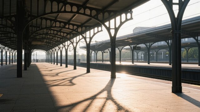 Sunlit Train Station Platform with Arched Metal Roof