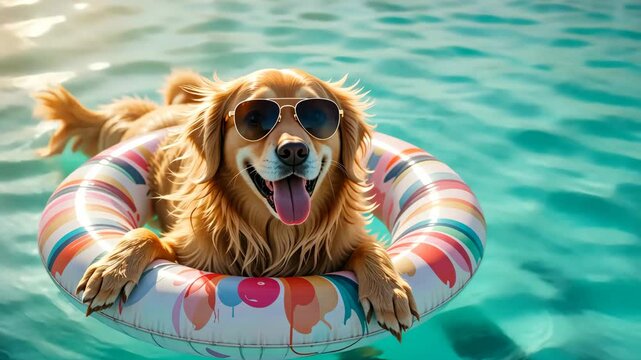 Golden retriever wearing sunglasses sitting in inflatable ring on clear blue water with sunlight reflections, summer fun concept