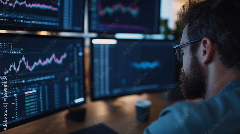 Poster trader analyzes stock market data on multiple monitors in a modern office environment during the day