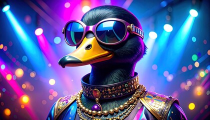Trendy bird with sunglasses and necklace at a colorful jewelry fashion show event