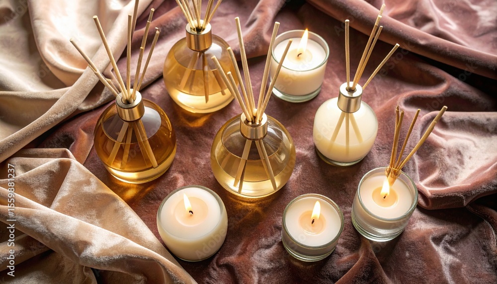 Poster charming display of candles on cloth with subtle textures for cozy atmosphere and style