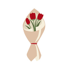 Bouquet with red tulips wrapped in kraft paper. Vector flat illustration of spring flowers. Floral clipart for greeting cards, posters, and invitations.