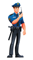 Police officer communicating with walkie-talkie. Vector cartoon character illustration