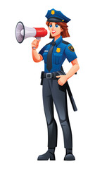Female police officer speaking through megaphone. Vector cartoon character illustration
