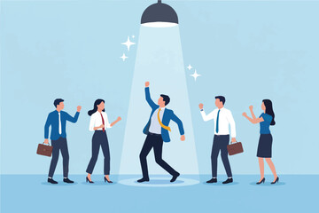 Business people celebrating success under spotlight isolated on transparent background