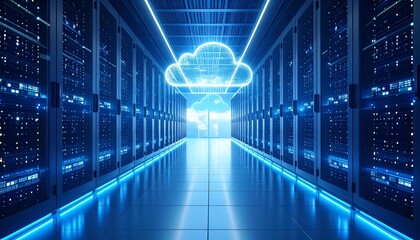 Futuristic server room featuring cloud in the center highlighting big data transfer technology