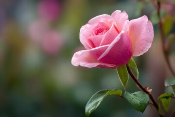 Obraz premium Pink rose blooming in garden with water drops