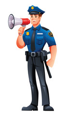 Police officer speaking through megaphone. Vector cartoon character illustration