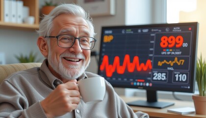 Coffee and blood pressure concept. Smiling elderly man enjoying coffee with health monitor display.