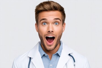 Surprised doctor opening his mouth in amazement while wearing his lab coat