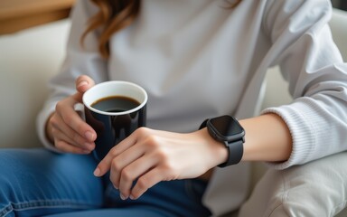 Coffee and blood pressure concept. A person enjoying coffee while wearing a smartwatch.