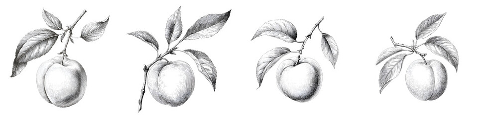 Set of Fruit with Leaves Sketches. Collection of Four Realistic Botanical Pencil Drawings of Organic Fruits on Branches. Monochrome Illustration on