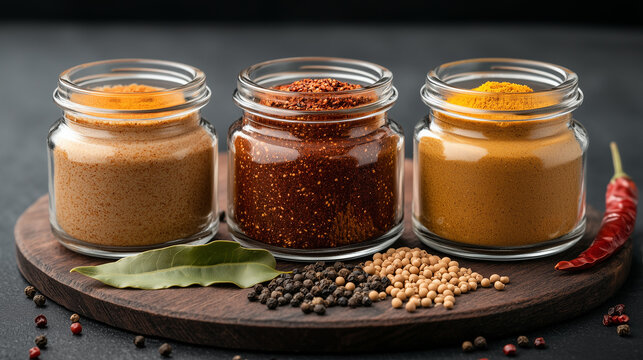 Three glass jars filled with aromatic spices—turmeric, paprika, and another light brown spice—sit on a wooden board, surrounded by peppercorns and coriander seeds.