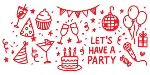 Party event or Birthday doodle icon element doodle hand drawn icon set. Outline drawing party, carnival celebration concept line clipart symbol collection. sketch birthday cake, balloon, decoration
