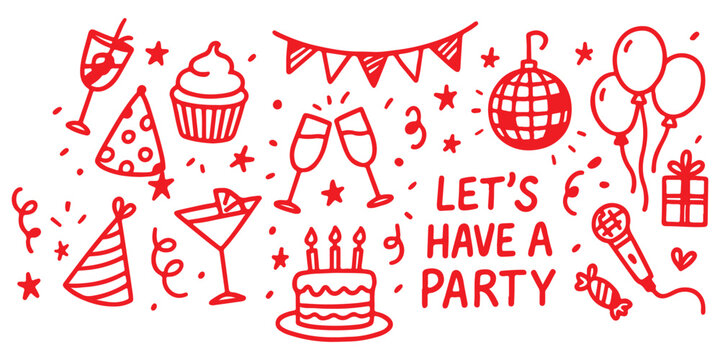 Party event or Birthday doodle icon element doodle hand drawn icon set. Outline drawing party, carnival celebration concept line clipart symbol collection. sketch birthday cake, balloon, decoration