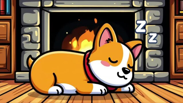 Cozy Cartoon Corgi Napping by Fireplace: Animated Relaxation Scene.