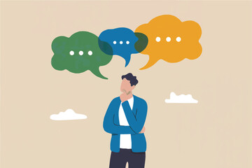 Man thinking with speech bubbles isolated on transparent background