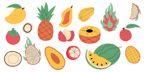 A set of fruits drawn in a flat style. A fruity collection of healthy organic piant. Watermelon, pineapple, pineapple, lychee, melon	

