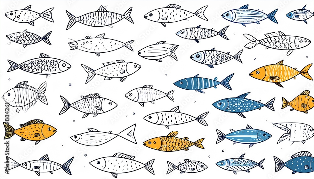 Poster charming hand-drawn fish pattern with crosshatch accents and sketchy strokes for design