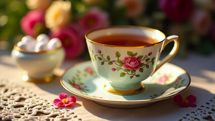 Elegant tea setting with floral cup and marshmallows