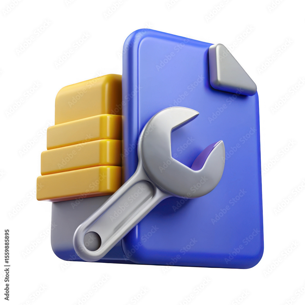 Poster 3d realistic file repair icon with wrench and data blocks isolated on transparent background