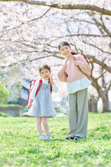 Fototapeta premium 桜の下で笑顔の姉妹二人