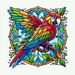 Fototapeta premium Vibrant stained glass illustration of a colorful parrot perched on a branch within an ornate circular frame.