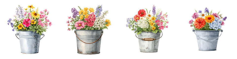 Watercolor Floral Bouquets in Metal Buckets - Illustration Set