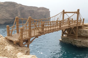 Ancient rope bridge over a tranquil sea