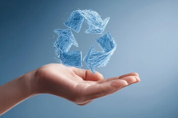 A hand holds a blue recycle symbol against a light blue backdrop