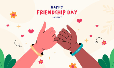 Flat Illustration Celebrating Friendship Day Celebration with Diverse Hands, Friendship, and Bracelets. Perfect for Greeting Cards, Social Media Posts, Posters, Banners, and More.