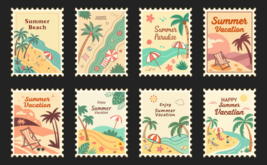 set of summer beach stamps