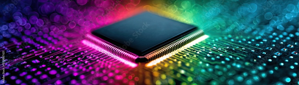 Poster next processor with fast logic and tiny concept. vibrant electronic chip on a colorful digital backg