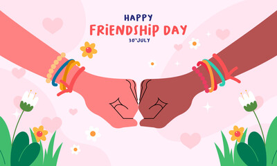 Flat Illustration Celebrating Friendship Day Celebration with Diverse Hands, Friendship, and Bracelets. Perfect for Greeting Cards, Social Media Posts, Posters, Banners, and More.