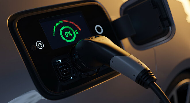 Electric car charging port with plug and 0% battery display - Powered by Adobe