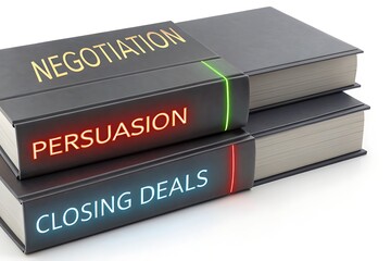 Sales Books - A stack of best-selling sales books with glowing keywords like "Negotiation," "Persuasion," and "Closing Deals Generated AI