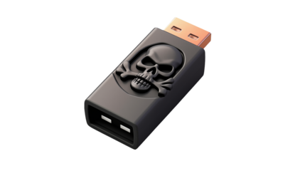 Black USB drive with skull and crossbones design Isolated on transparent Background