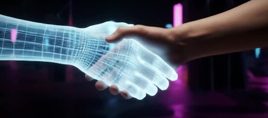 A digital handshake between a human and a futuristic, grid-like, glowing virtual representation, symbolizing connection - Powered by Adobe