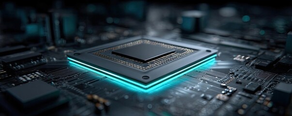 Scalable processor using next design concept. Close-up of a microprocessor with glowing edges on a circuit board.