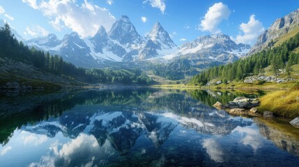 Fototapeta premium Serene alpine landscape reflecting in a pristine mountain lake mirroring snow capped peaks